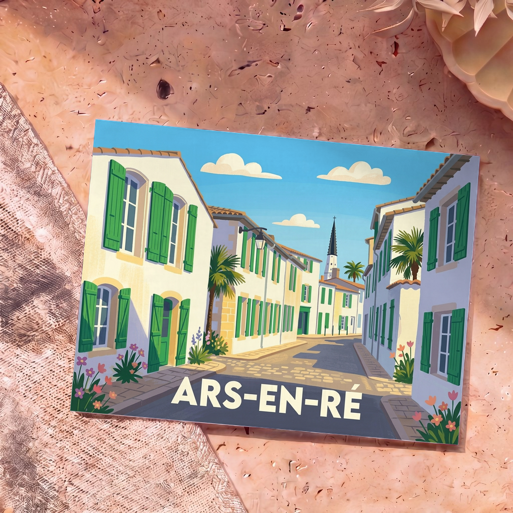 Carte postale souvenir de la ville d'Ars-en-Ré avec une illustration stylisée d'une rue typique aux volets verts.