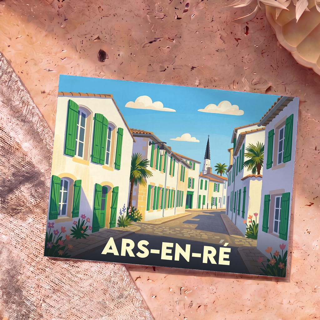 Carte postale souvenir de la ville d'Ars-en-Ré avec une illustration stylisée d'une rue typique aux volets verts.