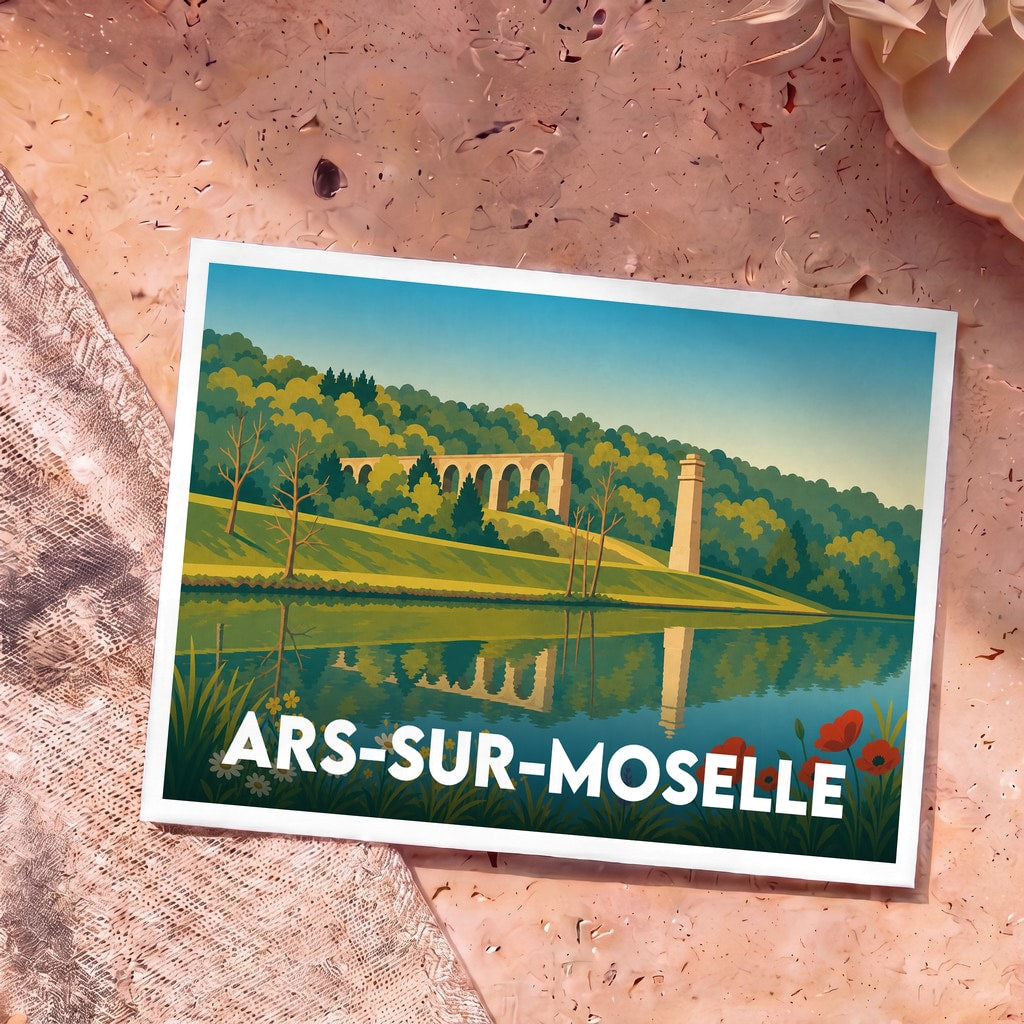 Carte postale souvenir de la ville d'Ars-sur-Moselle avec une illustration stylisée de son aqueduc romain se reflétant dans l'eau.