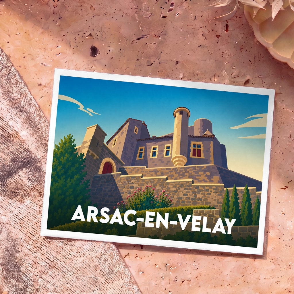 Carte postale souvenir de la ville d'Arsac-en-Velay avec une illustration stylisée de son château.