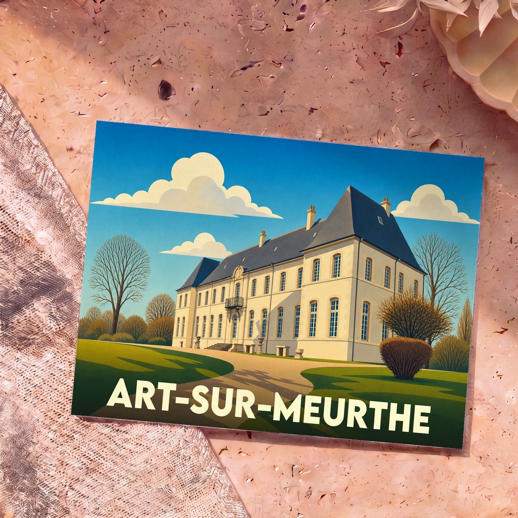 Carte postale souvenir de la ville de Art-sur-Meurthe illustrant son château dans un style graphique épuré.