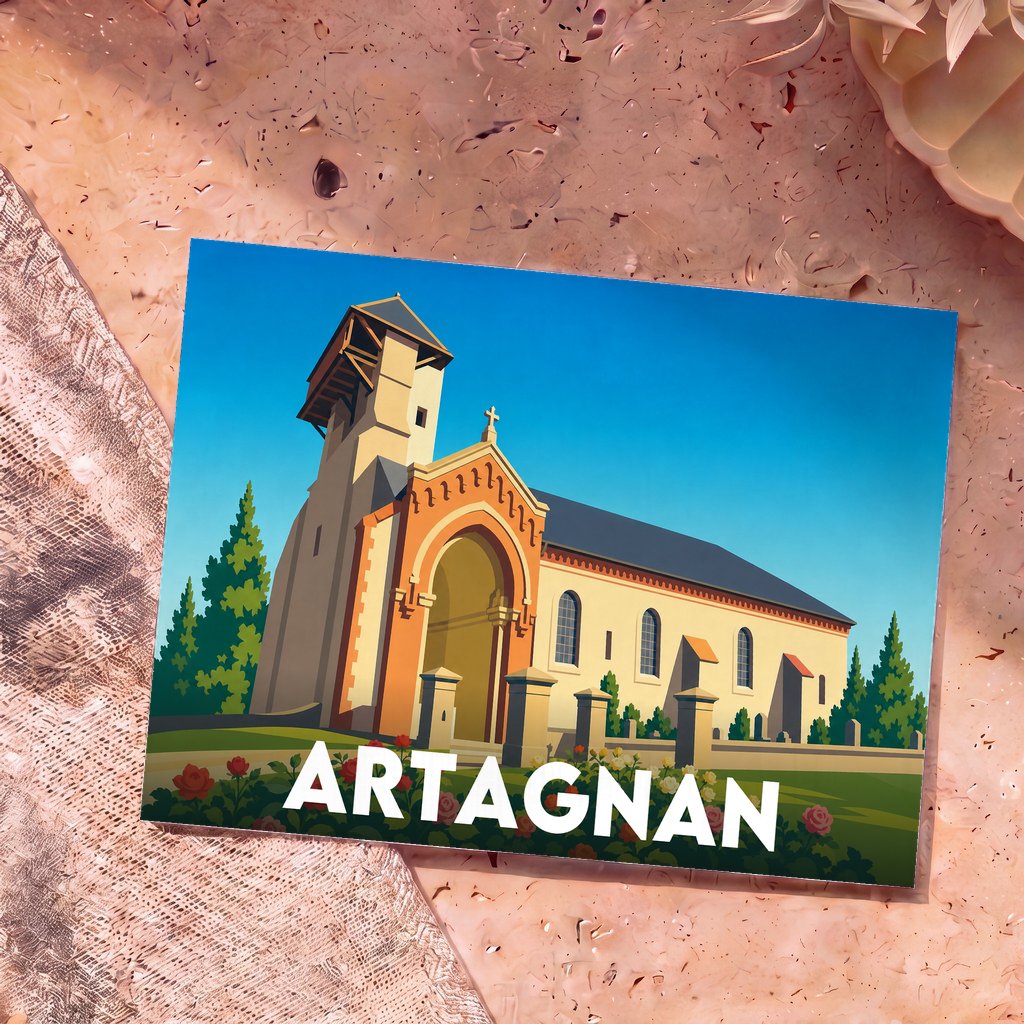 Carte postale souvenir de la ville d'Artagnan illustrant son église dans un style graphique épuré.
