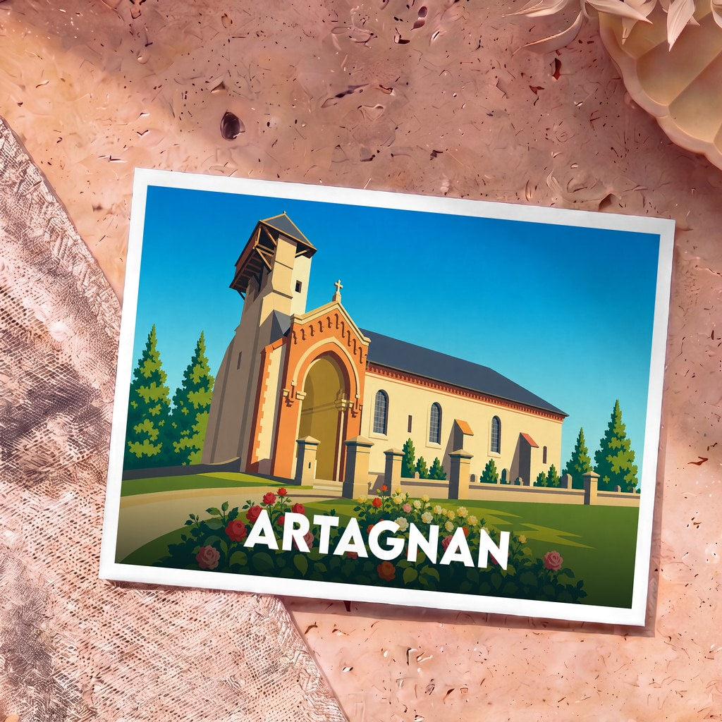 Carte postale souvenir de la ville d'Artagnan illustrant son église dans un style graphique épuré.