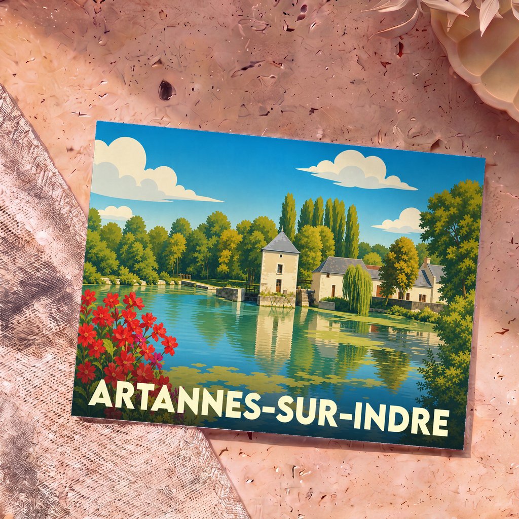 Carte postale souvenir de la ville d'Artannes-sur-Indre avec une illustration stylisée d'un moulin au bord de l'eau.