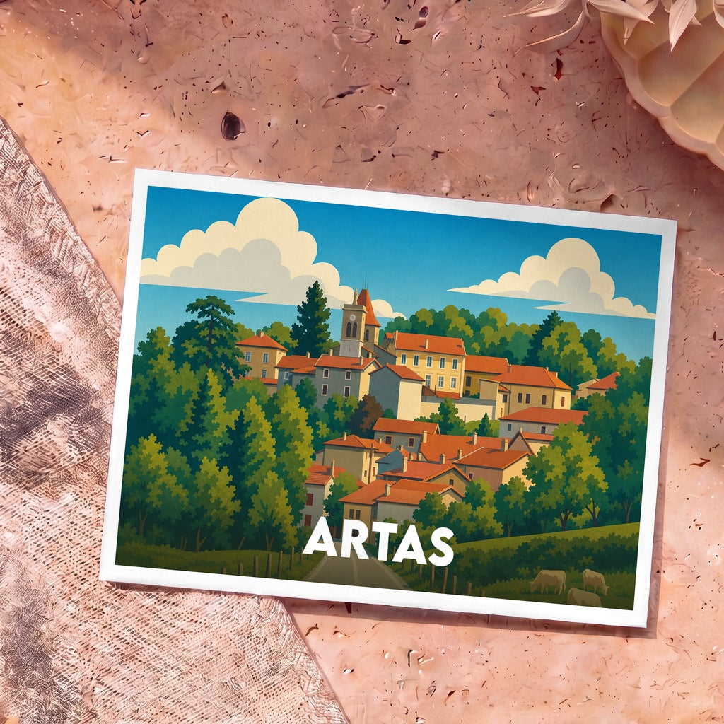Carte postale souvenir de la ville d'Artas avec une illustration stylisée d'un village pittoresque niché dans la verdure.