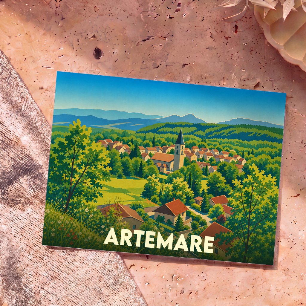 Carte postale souvenir de la ville d'Artemare avec une illustration colorée et stylisée de son village.