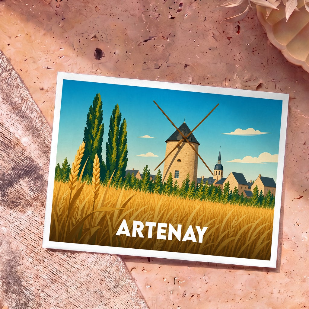 Carte postale souvenir de la ville d'Artenay avec une illustration stylisée d'un moulin et de champs de blé.