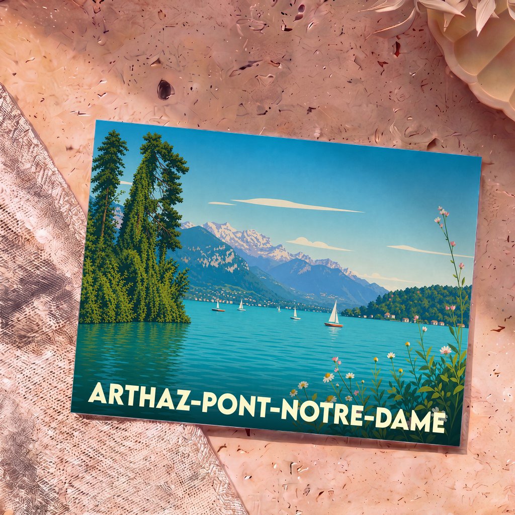 Carte postale souvenir de la ville d'Arthaz-Pont-Notre-Dame avec une illustration stylisée d'un lac de montagne.