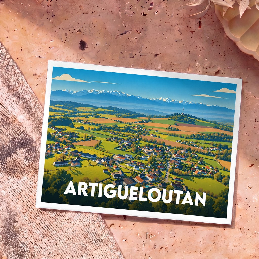 Carte postale souvenir de la ville d'Artigueloutan avec une illustration panoramique de la commune face aux Pyrénées.