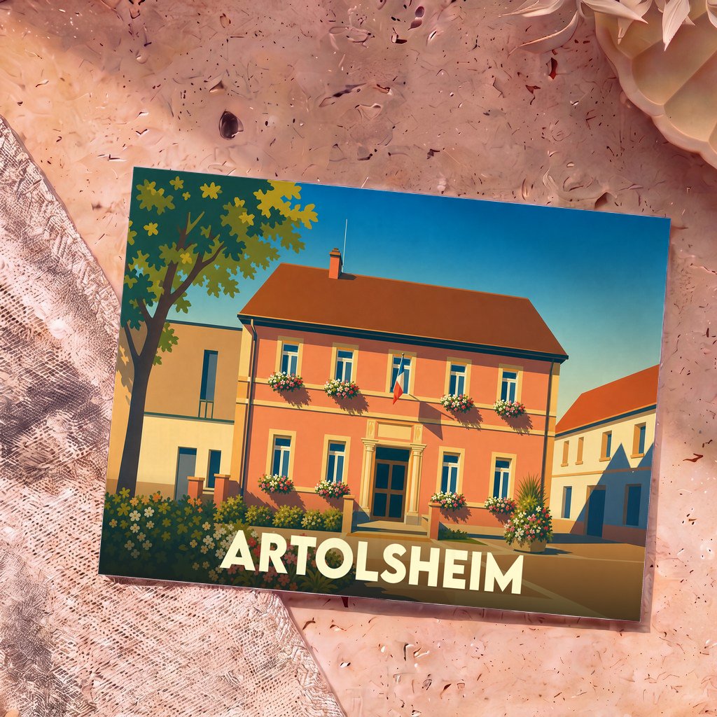Carte postale souvenir de la ville d'Artolsheim illustrant sa mairie fleurie dans un style graphique épuré.