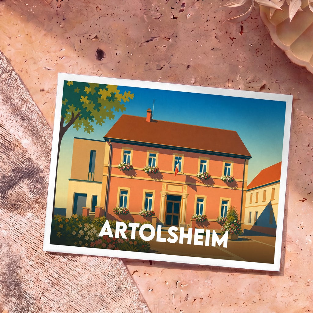 Carte postale souvenir de la ville d'Artolsheim illustrant sa mairie fleurie dans un style graphique épuré.