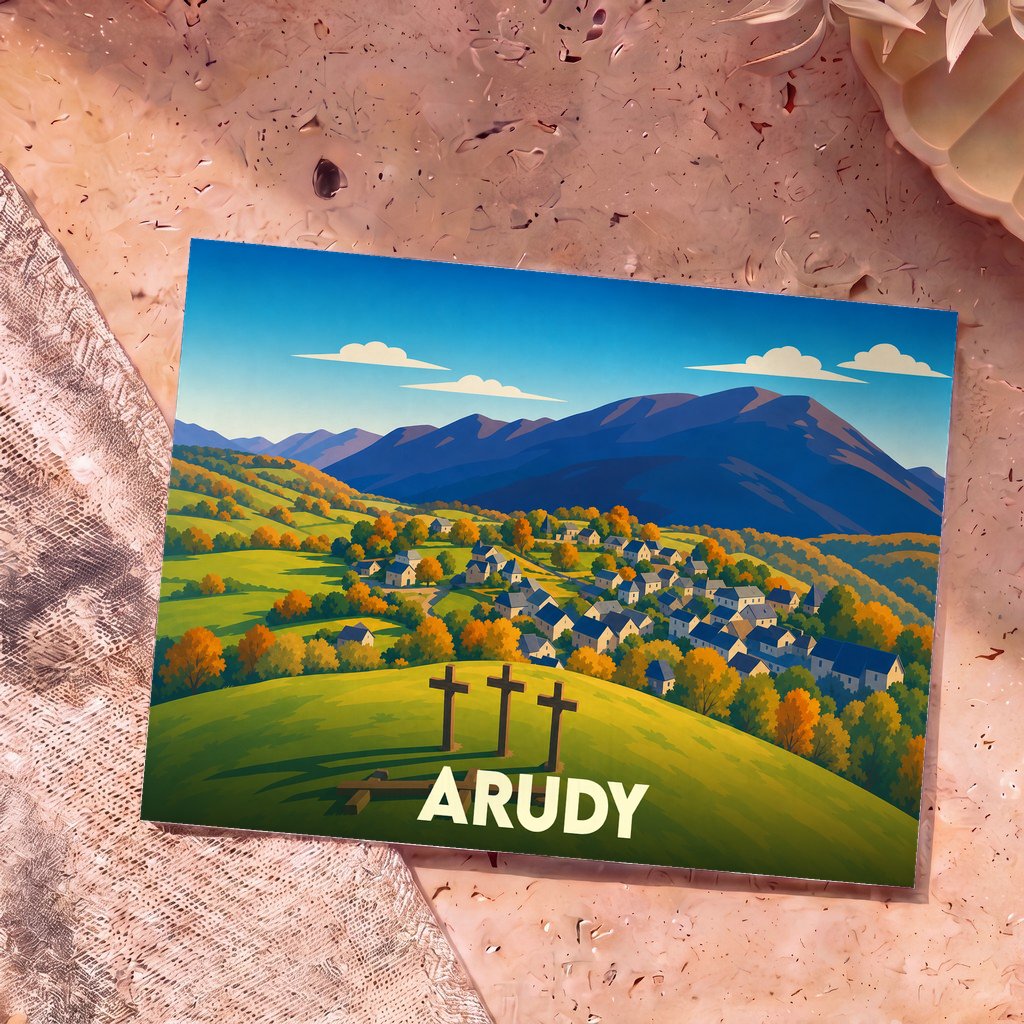 Carte postale souvenir de la ville de Arudy avec une illustration stylisée d'un village de montagne et trois croix au premier plan.