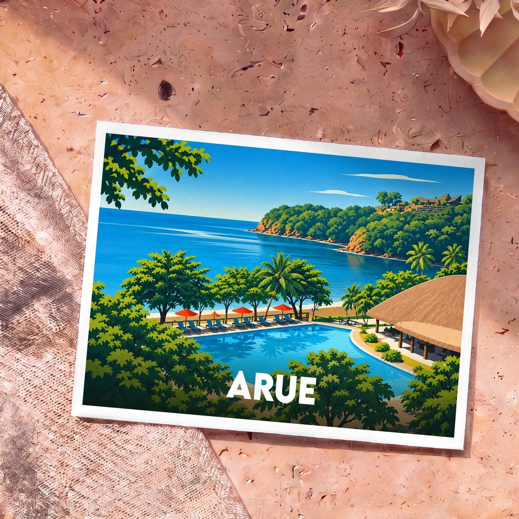 Carte postale souvenir de la ville d'Arue avec une illustration stylisée d'un complexe balnéaire tropical.