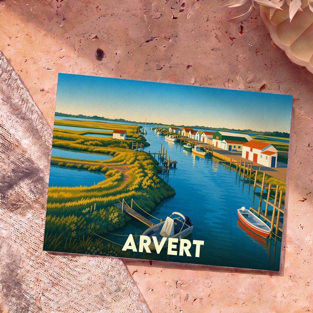 Carte postale souvenir de la ville d'Arvert avec une illustration stylisée de son port ostréicole et des marais.