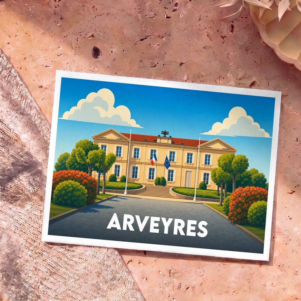 Carte postale souvenir de la ville d'Arveyres avec une illustration stylisée de sa mairie sous un ciel bleu.