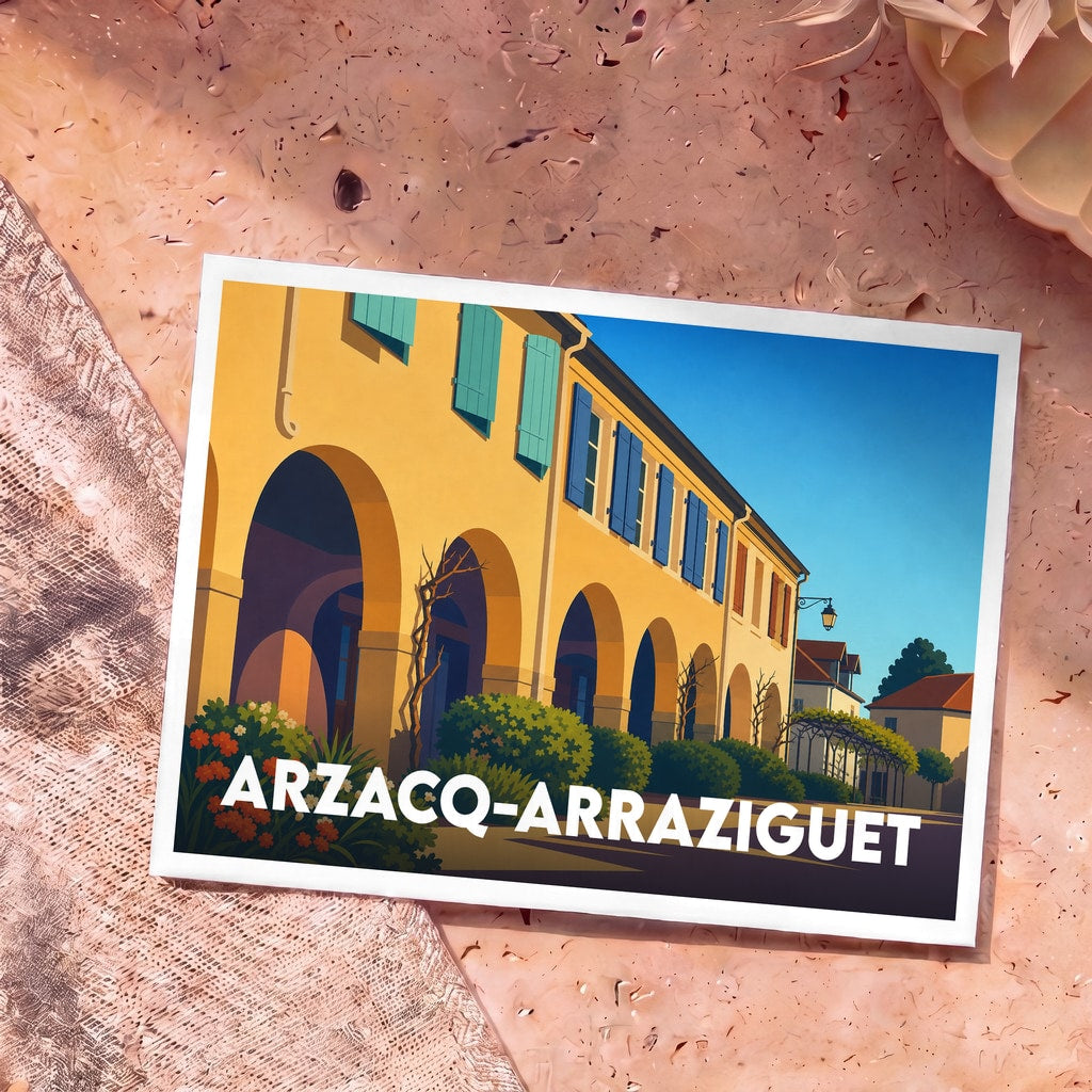 Carte postale souvenir d'Arzacq-Arraziguet illustrant ses arcades traditionnelles dans un style graphique épuré.
