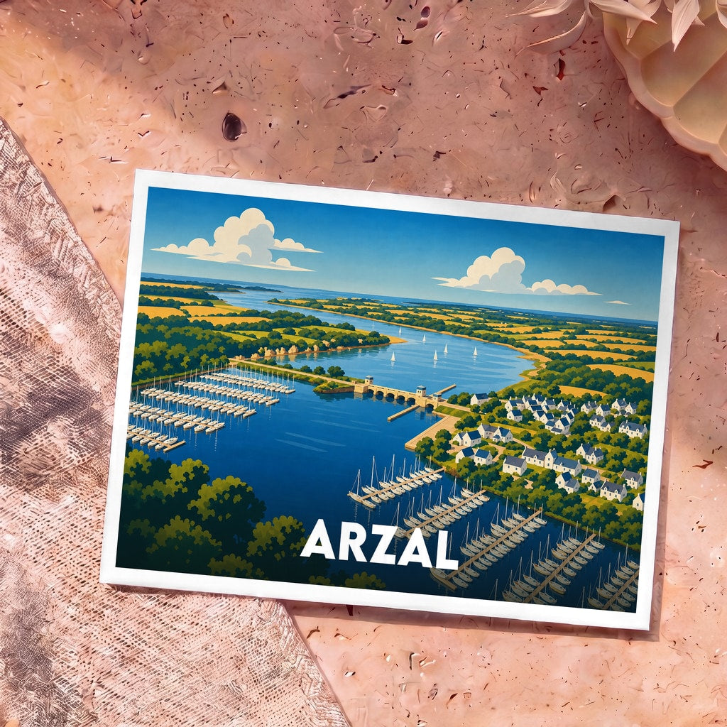 Carte postale souvenir de la ville d'Arzal avec une illustration stylisée de son port et de son barrage.