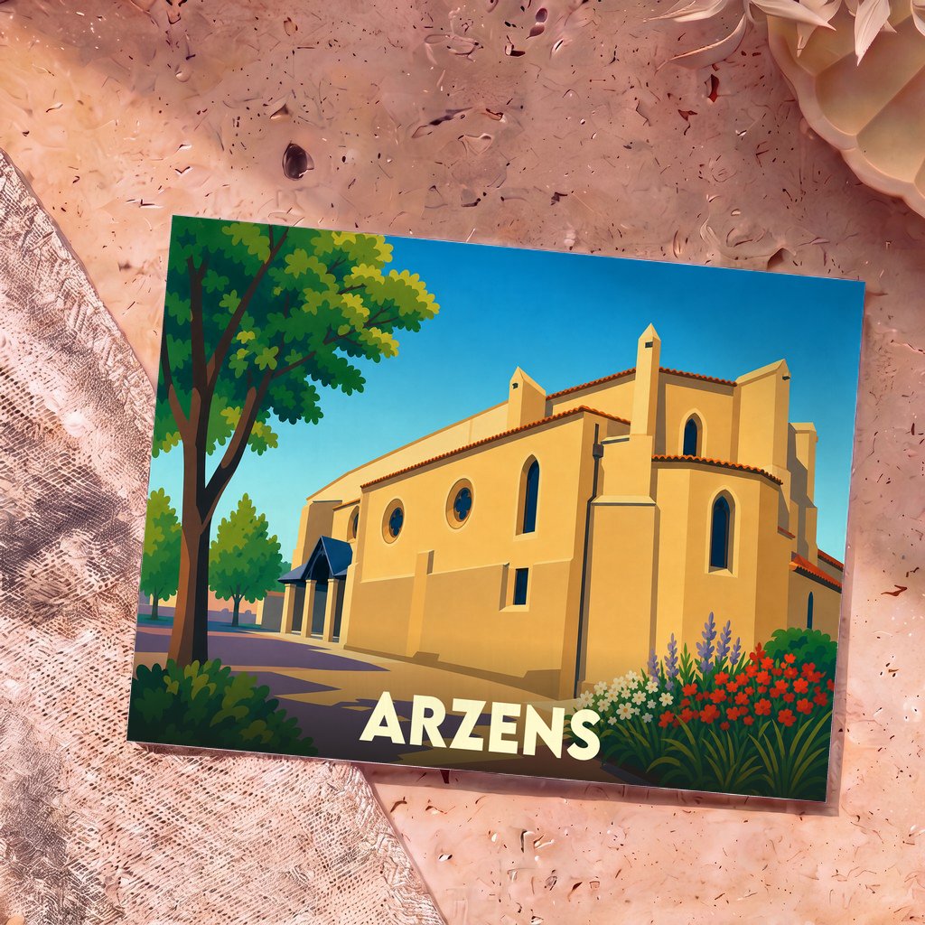 Carte postale souvenir de la ville d'Arzens illustrée par une vue stylisée de son église sous un ciel bleu.