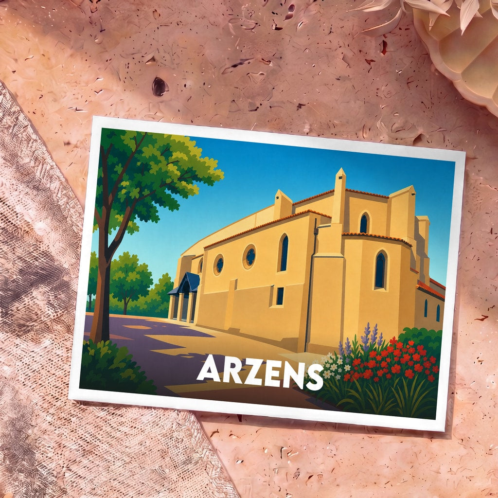 Carte postale souvenir de la ville d'Arzens illustrée par une vue stylisée de son église sous un ciel bleu.