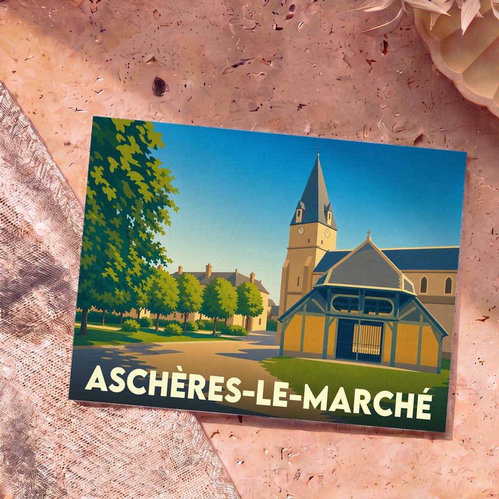 Carte postale souvenir de la ville d'Aschères-le-Marché avec une illustration stylisée de son église et de sa halle.