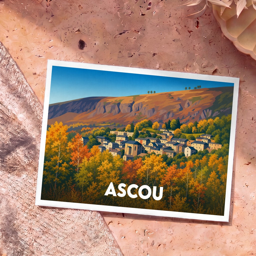 Carte postale souvenir de la ville d'Ascou avec une illustration stylisée de ses paysages automnaux.