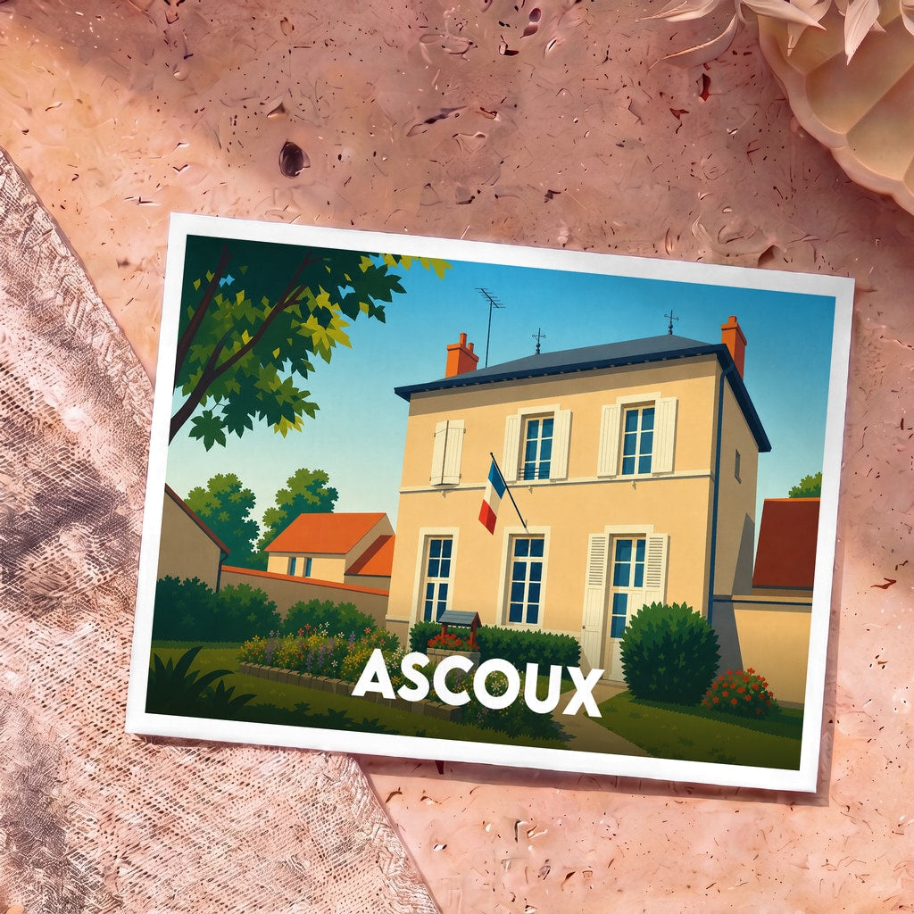 Carte postale souvenir de la ville d'Ascoux avec une illustration stylisée d'une maison traditionnelle française.