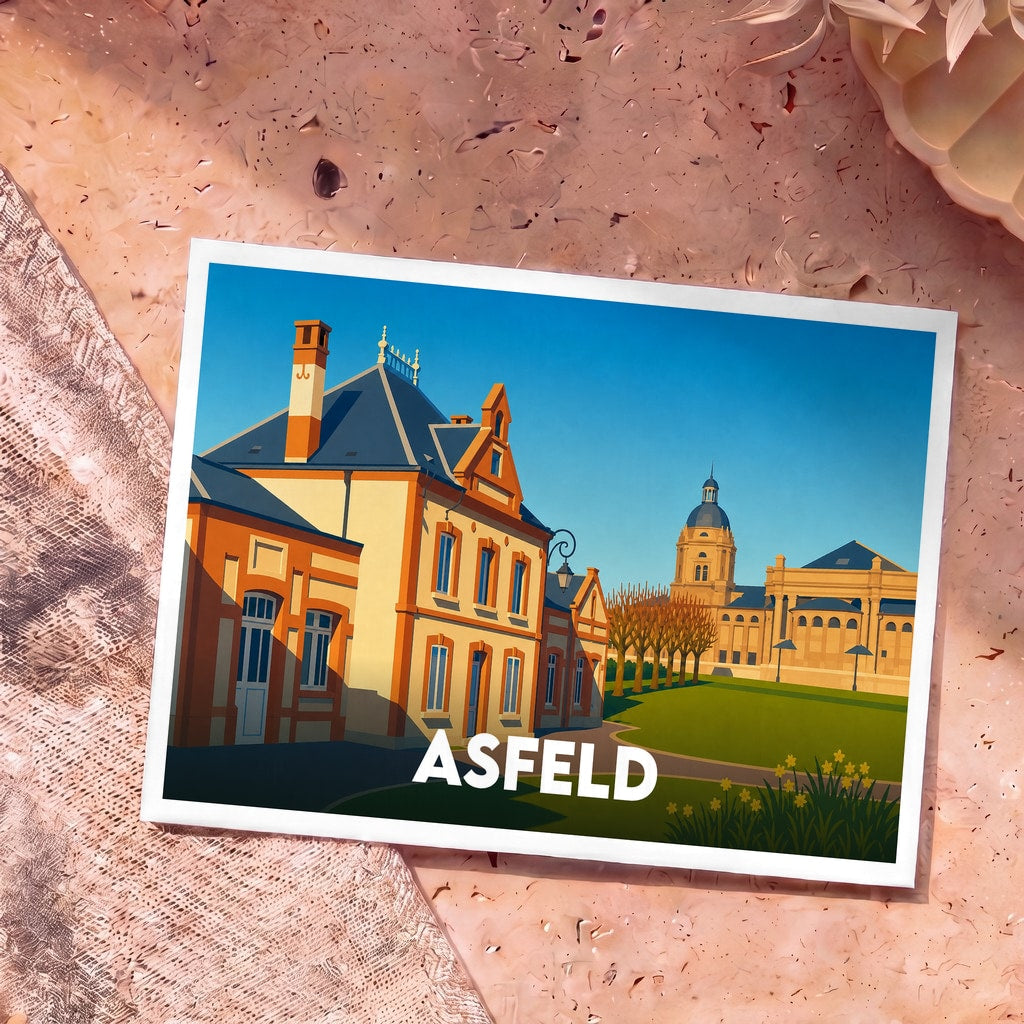 Carte postale souvenir de la ville d'Asfeld illustrant ses monuments historiques dans un style graphique épuré.