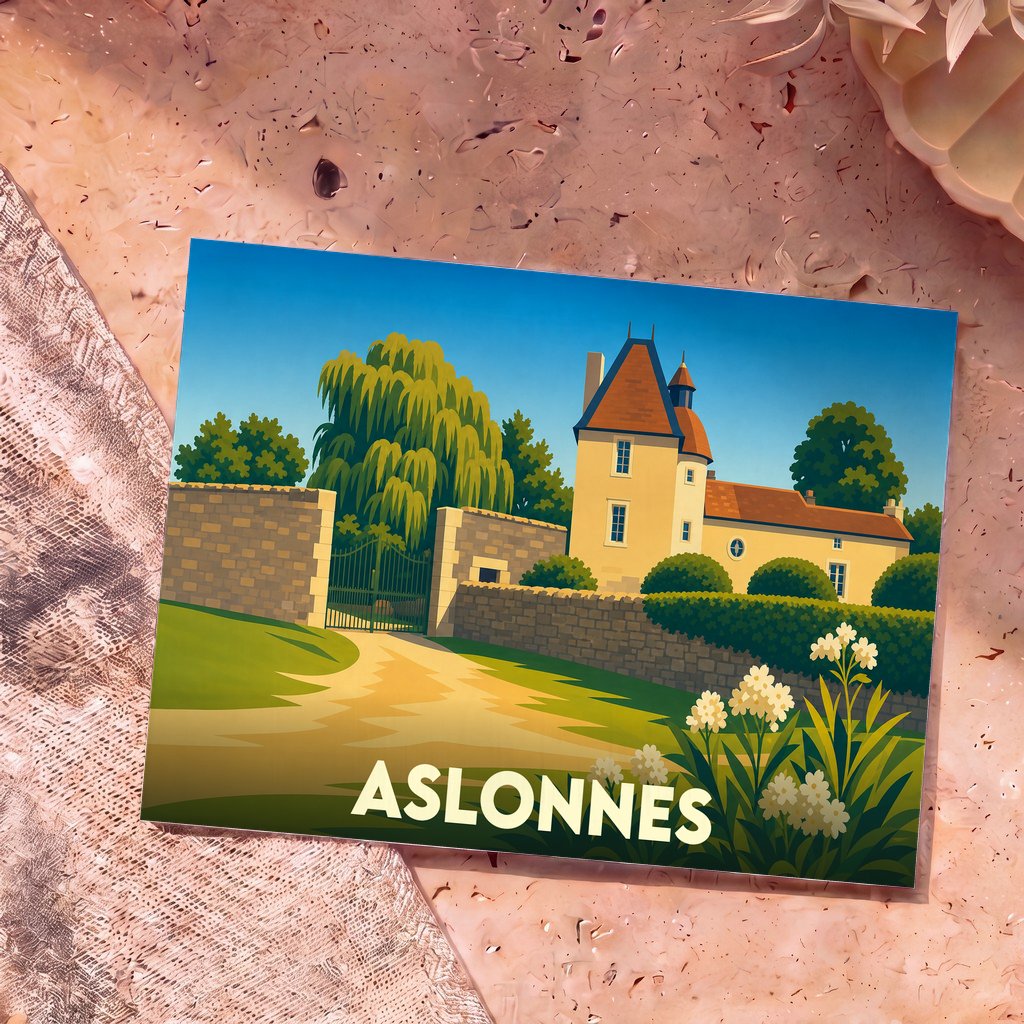 Carte postale souvenir de la ville d'Aslonnes avec une illustration stylisée d'un manoir et de son jardin.