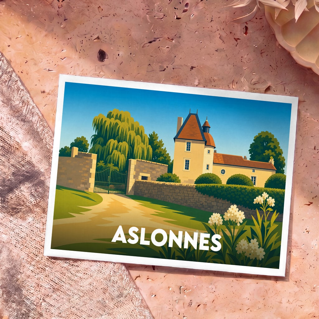 Carte postale souvenir de la ville d'Aslonnes avec une illustration stylisée d'un manoir et de son jardin.