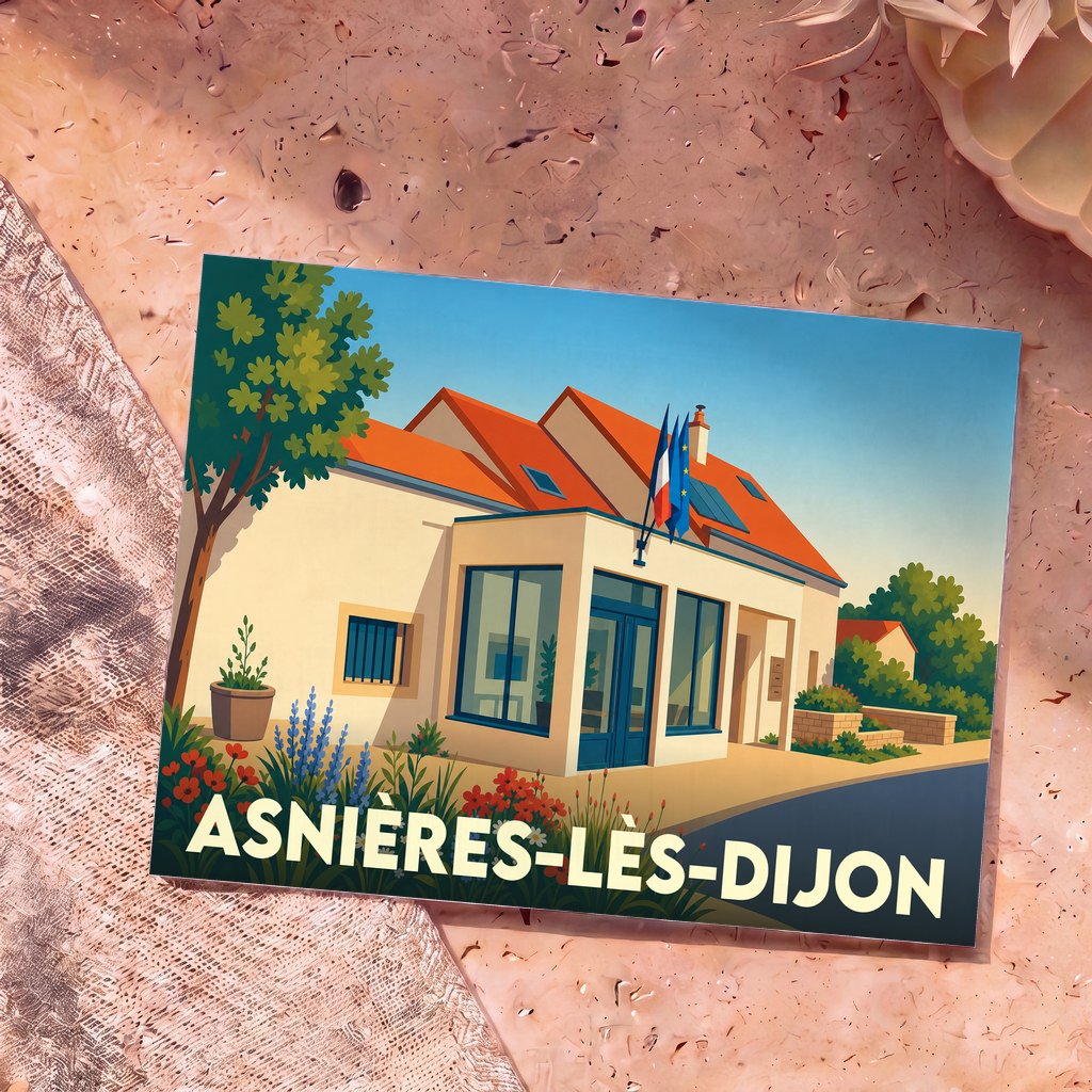 Carte postale souvenir de la commune d'Asnières-lès-Dijon avec une illustration stylisée de sa mairie.