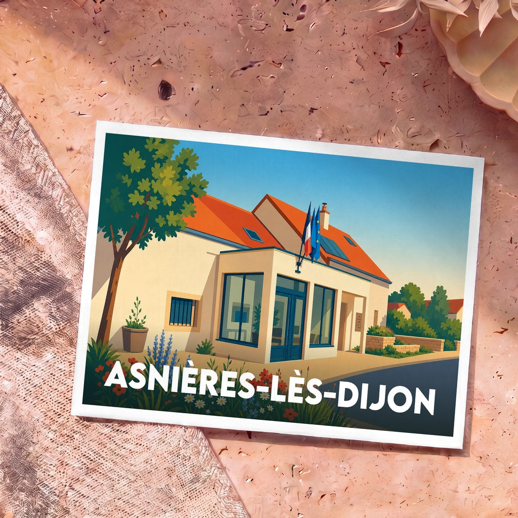 Carte postale souvenir de la commune d'Asnières-lès-Dijon avec une illustration stylisée de sa mairie.