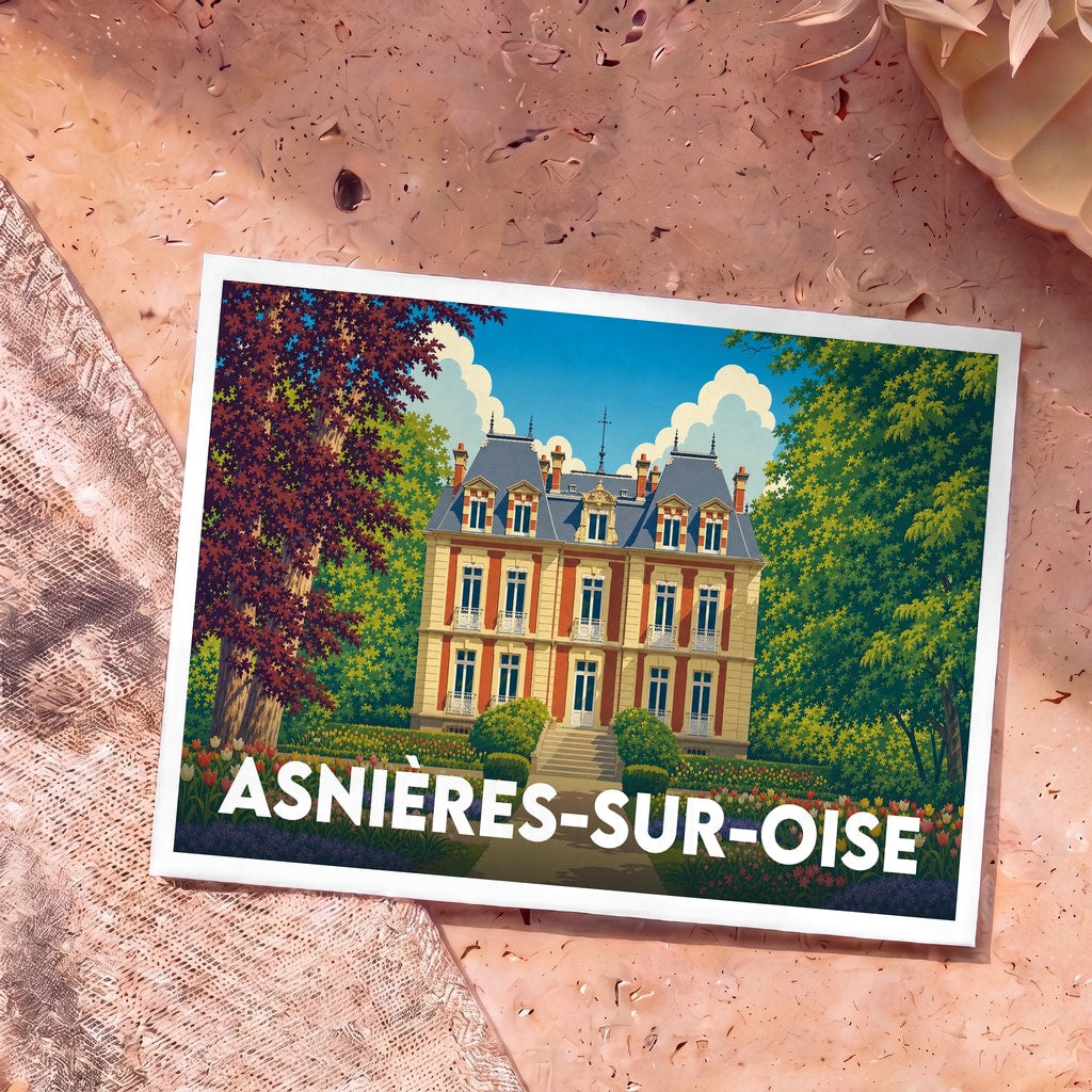 Carte postale souvenir d'Asnières-sur-Oise illustrant un château coloré entouré d'un jardin fleuri dans un style rétro.