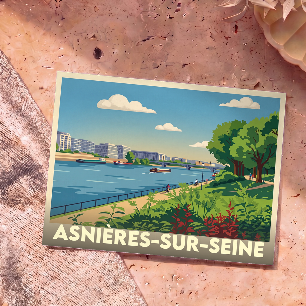 Carte postale souvenir de la ville d'Asnières-sur-Seine avec une illustration stylisée des bords de Seine.
