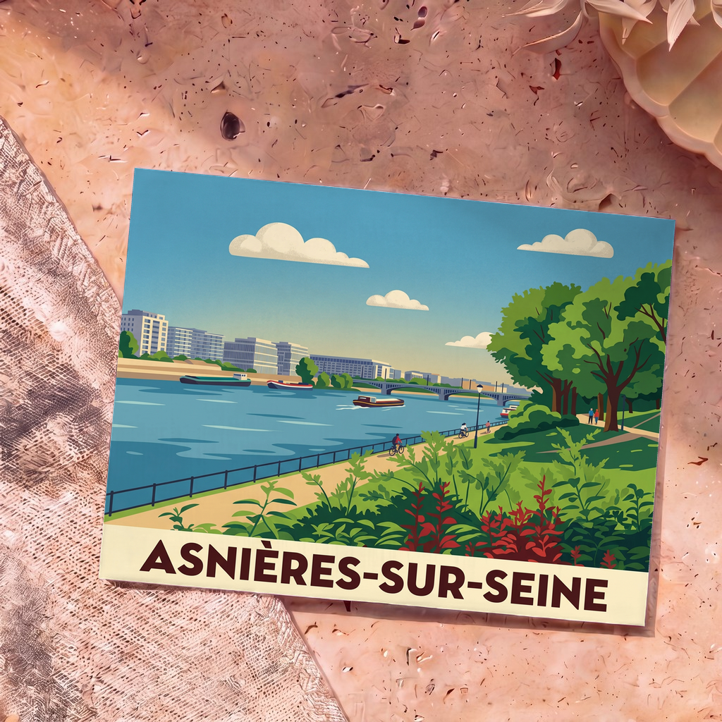 Carte postale souvenir de la ville d'Asnières-sur-Seine avec une illustration stylisée des bords de Seine.