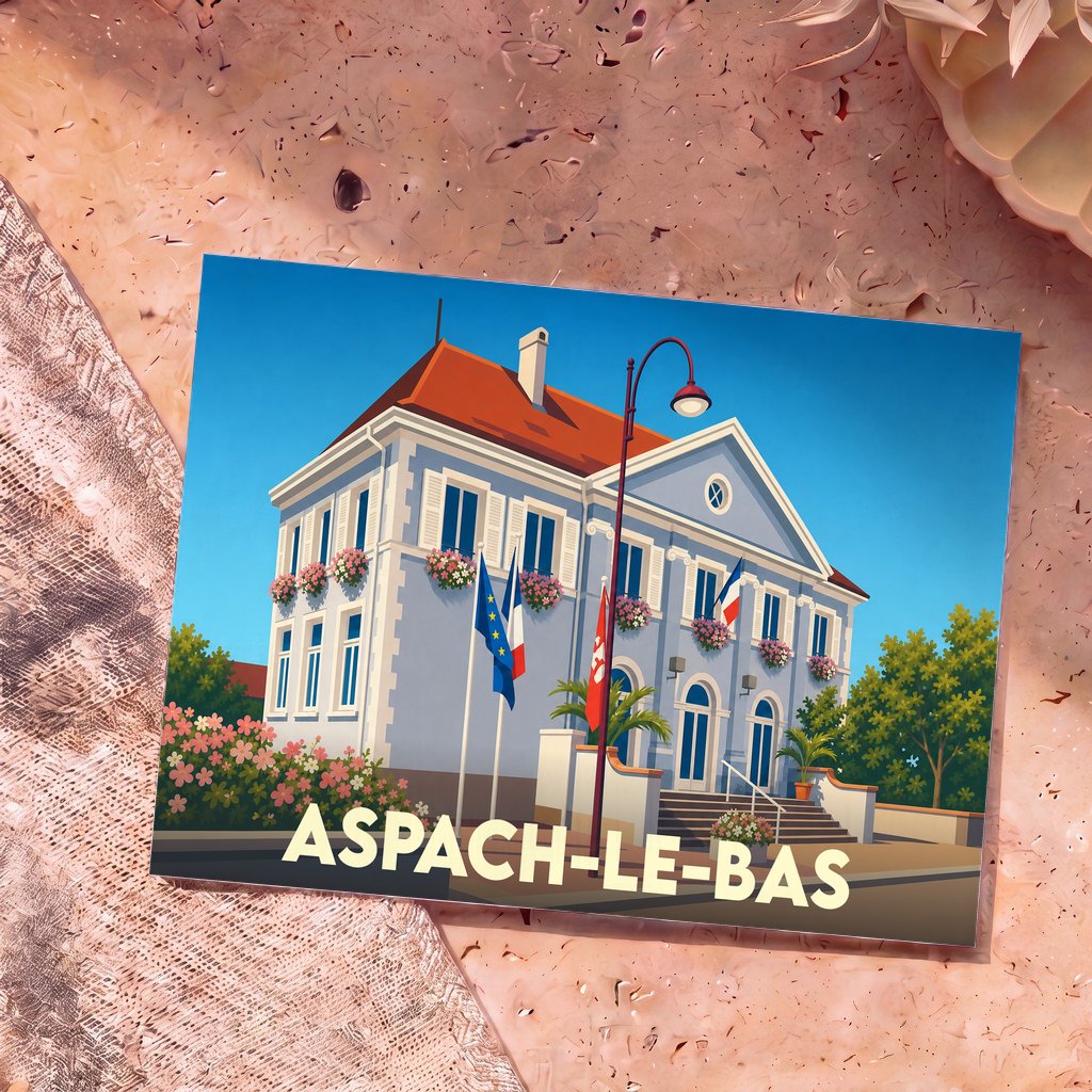 Carte postale souvenir de la ville d'Aspach-le-Bas avec une illustration stylisée de sa mairie.