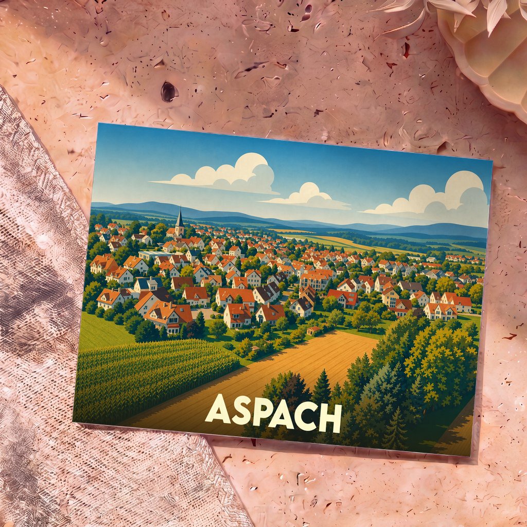 Carte postale souvenir de la ville d'Aspach avec une illustration stylisée d'un village champêtre.
