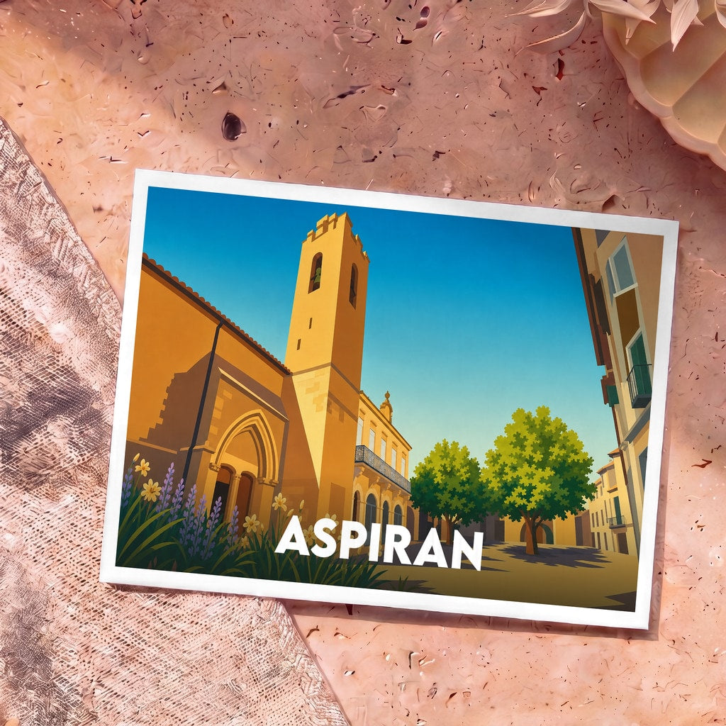 Carte postale souvenir de la ville de Aspiran illustrant son église et sa place ombragée dans un style graphique épuré.