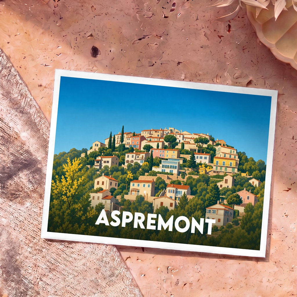 Carte postale souvenir de la ville d'Aspremont avec une illustration stylisée d'un village perché.