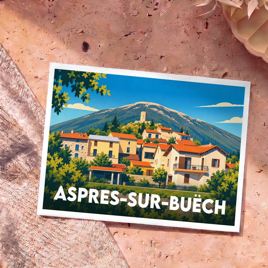 Carte postale souvenir de la ville d'Aspres-sur-Buëch avec une illustration stylisée de ses maisons et d'une montagne en arrière-plan.