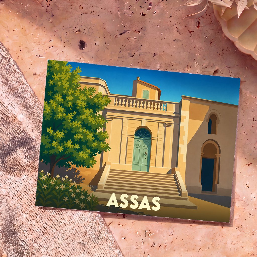 Carte postale souvenir de la ville d'Assas avec une illustration stylisée de son château sous un ciel bleu.