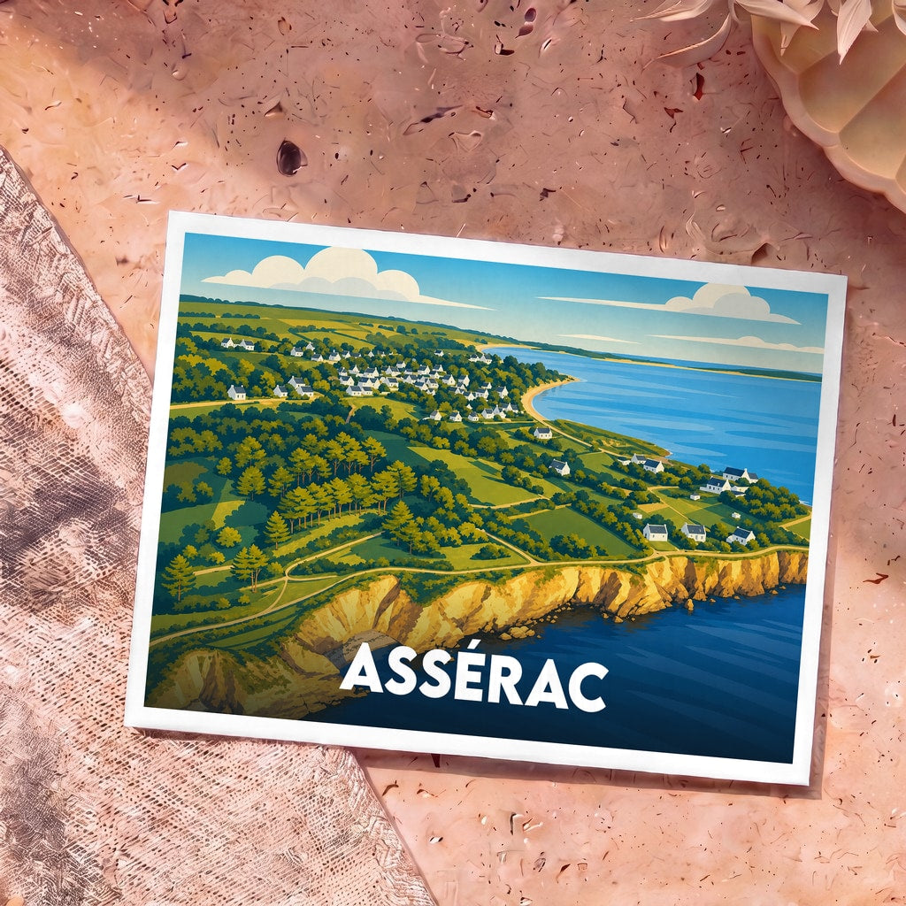 Carte postale souvenir de la ville d'Assérac illustrant sa côte sauvage et ses falaises dans un style graphique épuré.