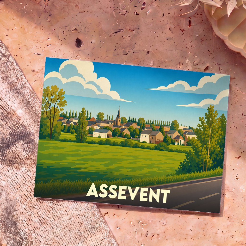 Carte postale souvenir de la ville d'Assevent avec une illustration stylisée représentant un paysage champêtre et son clocher.