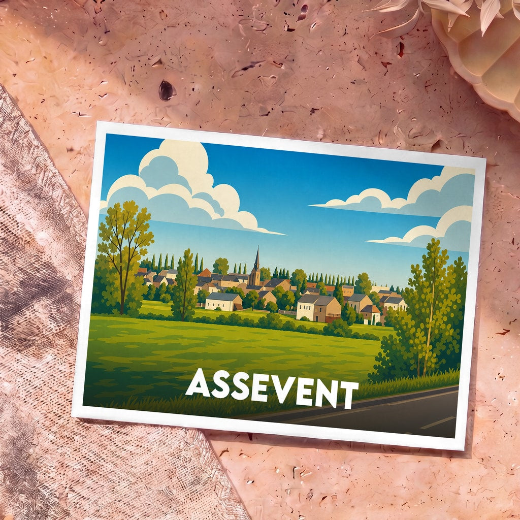 Carte postale souvenir de la ville d'Assevent avec une illustration stylisée représentant un paysage champêtre et son clocher.