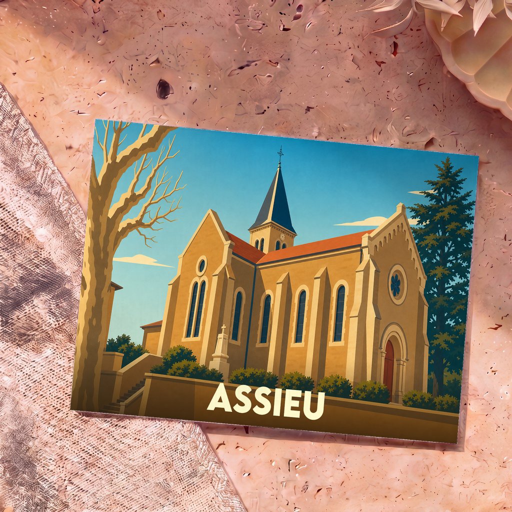 Carte postale souvenir de la ville d'Assieu avec une illustration stylisée de son église sous un ciel bleu.