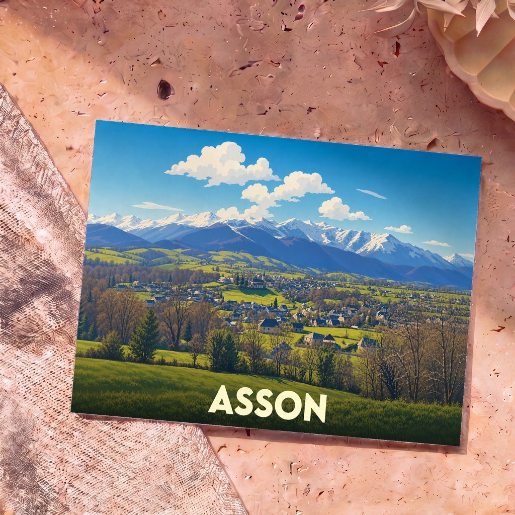 Carte postale souvenir de la ville d'Asson avec une illustration stylisée d'un paysage de montagne.