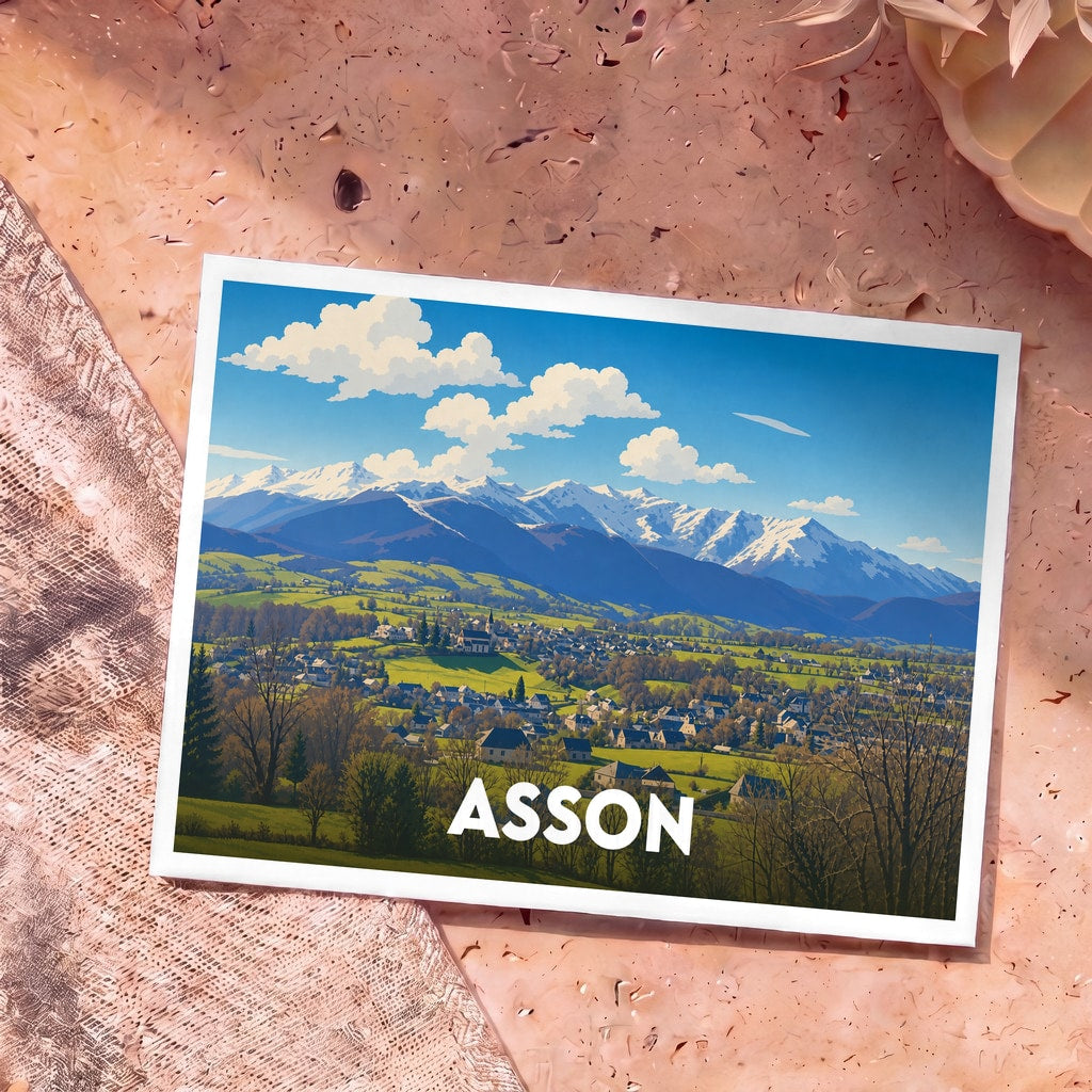 Carte postale souvenir de la ville d'Asson avec une illustration stylisée d'un paysage de montagne.