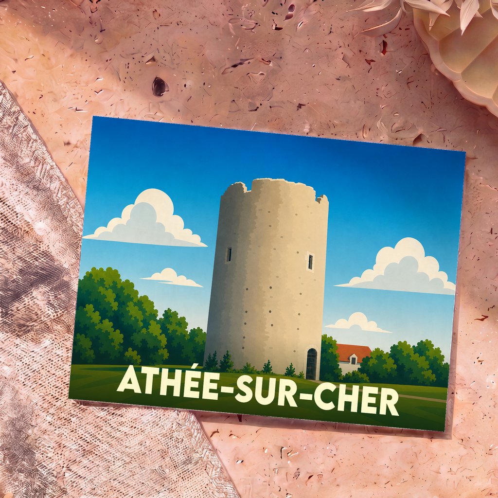 Carte postale souvenir de la ville de Athée-sur-Cher avec une illustration stylisée de la tour du Brandon.