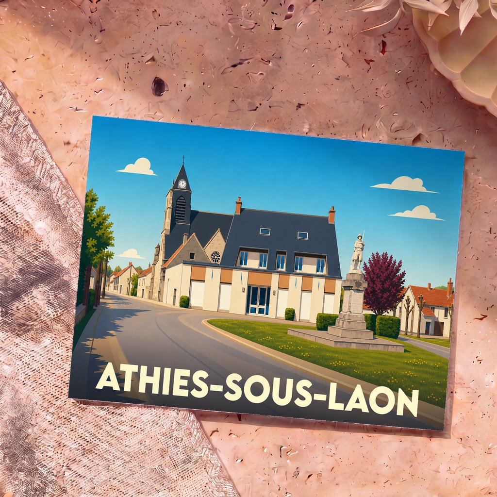 Carte postale souvenir de la ville d'Athies-sous-Laon avec une illustration stylisée de son centre-ville.