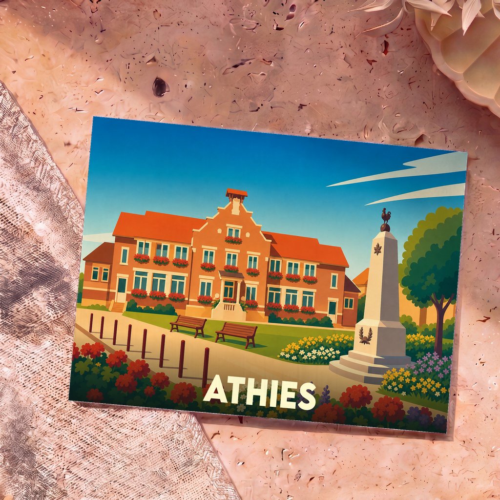 Carte postale souvenir de la ville d'Athies avec une illustration stylisée de son hôtel de ville et d'un monument.