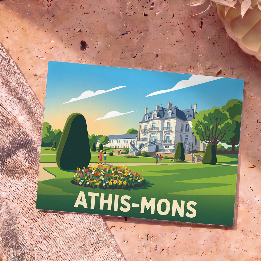Carte postale souvenir de la ville d'Athis-Mons illustrant son château et ses jardins dans un style graphique épuré.